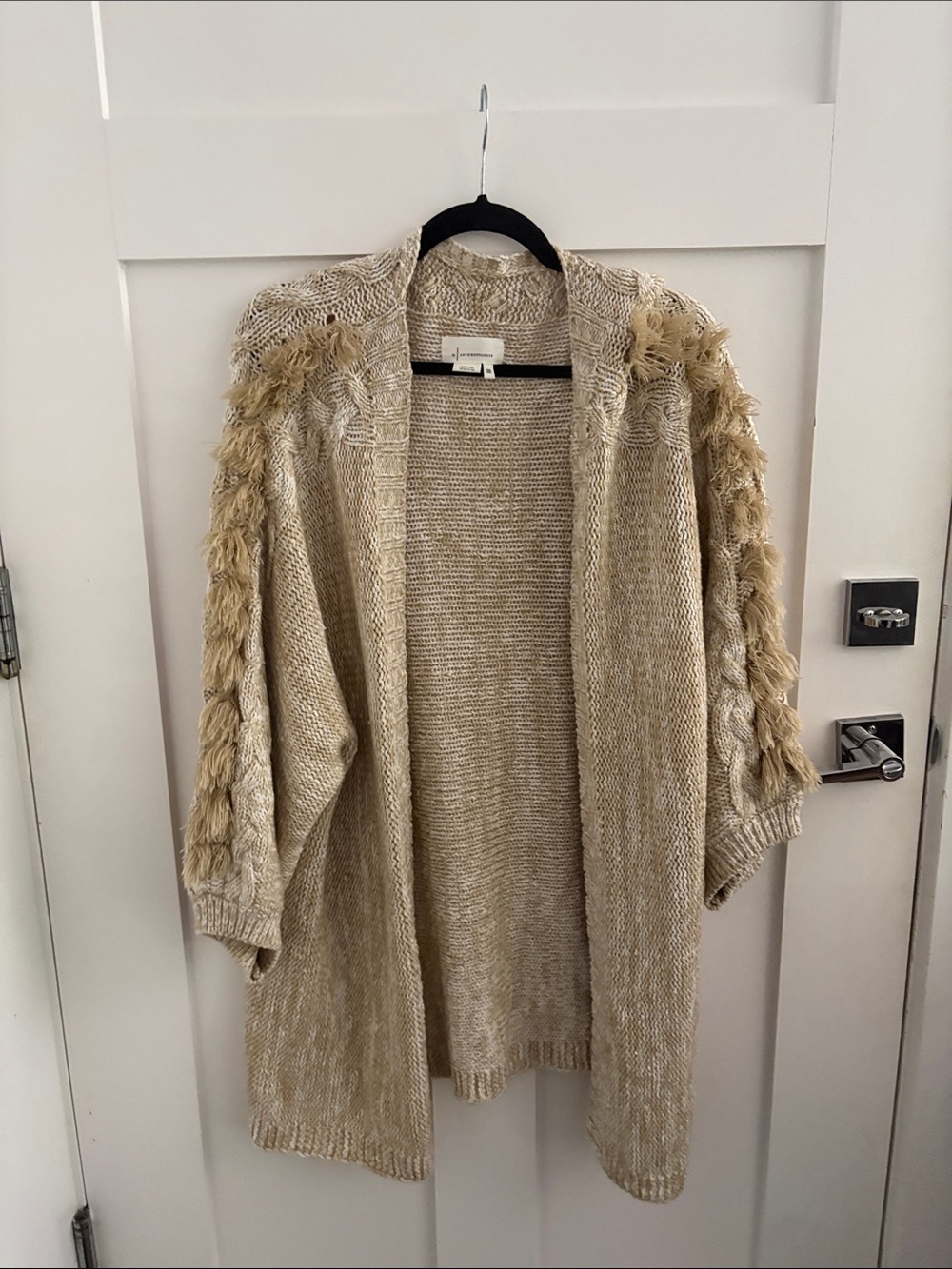 Anthropologie Neutral Fringe-Trim Open-Front Cardigan